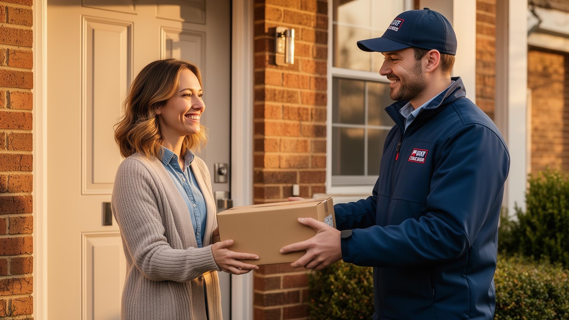 Quick & Steady courier handing a parcel to a customer at their door